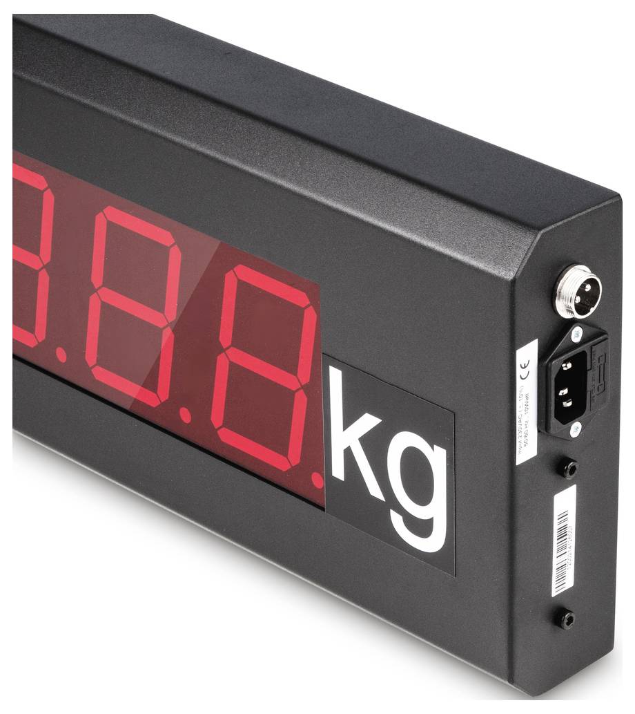Elektronisch display met rode LED-aanduiding toont meetwaarden in kilogram. Zijaanzicht met aansluitbussen zichtbaar.