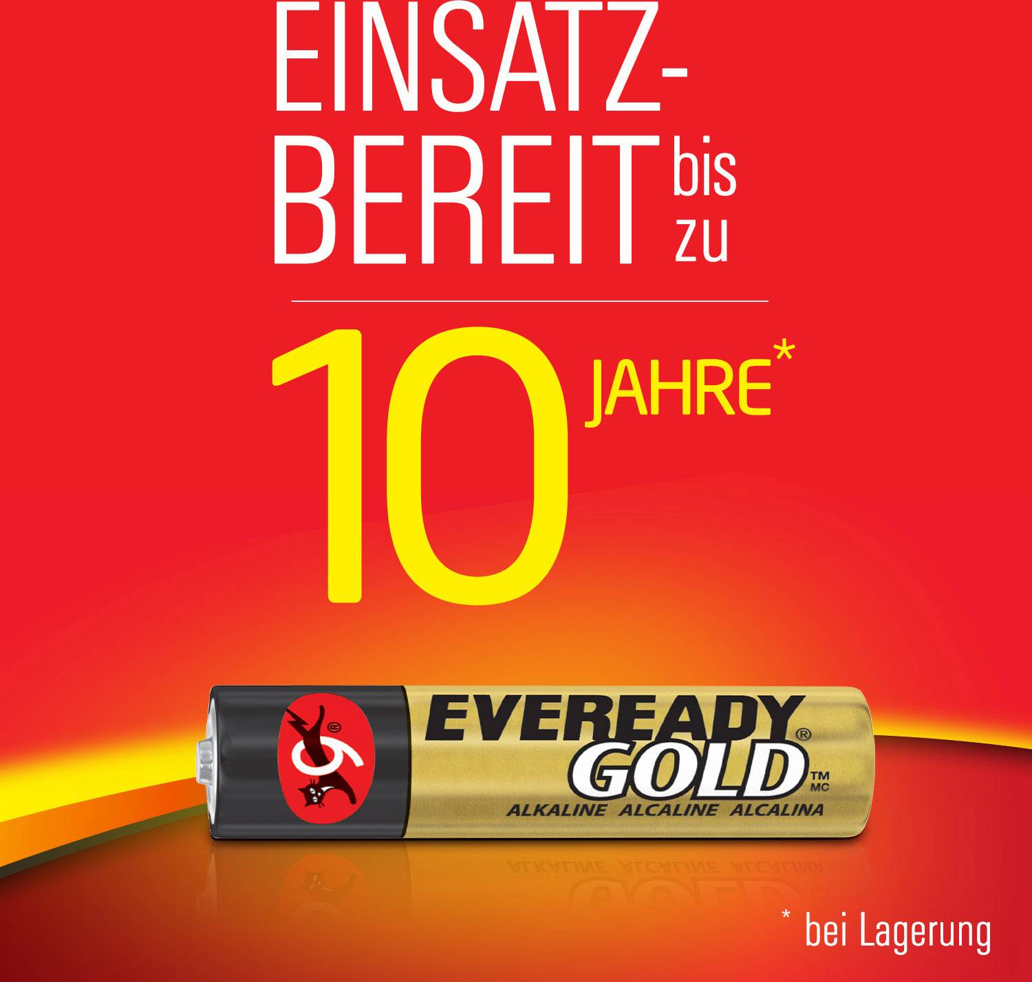 'Gebruiksklaar tot 10 jaar* bij opslag.' Afbeelding van een Eveready Gold Alkaline batterij op een rode achtergrond.