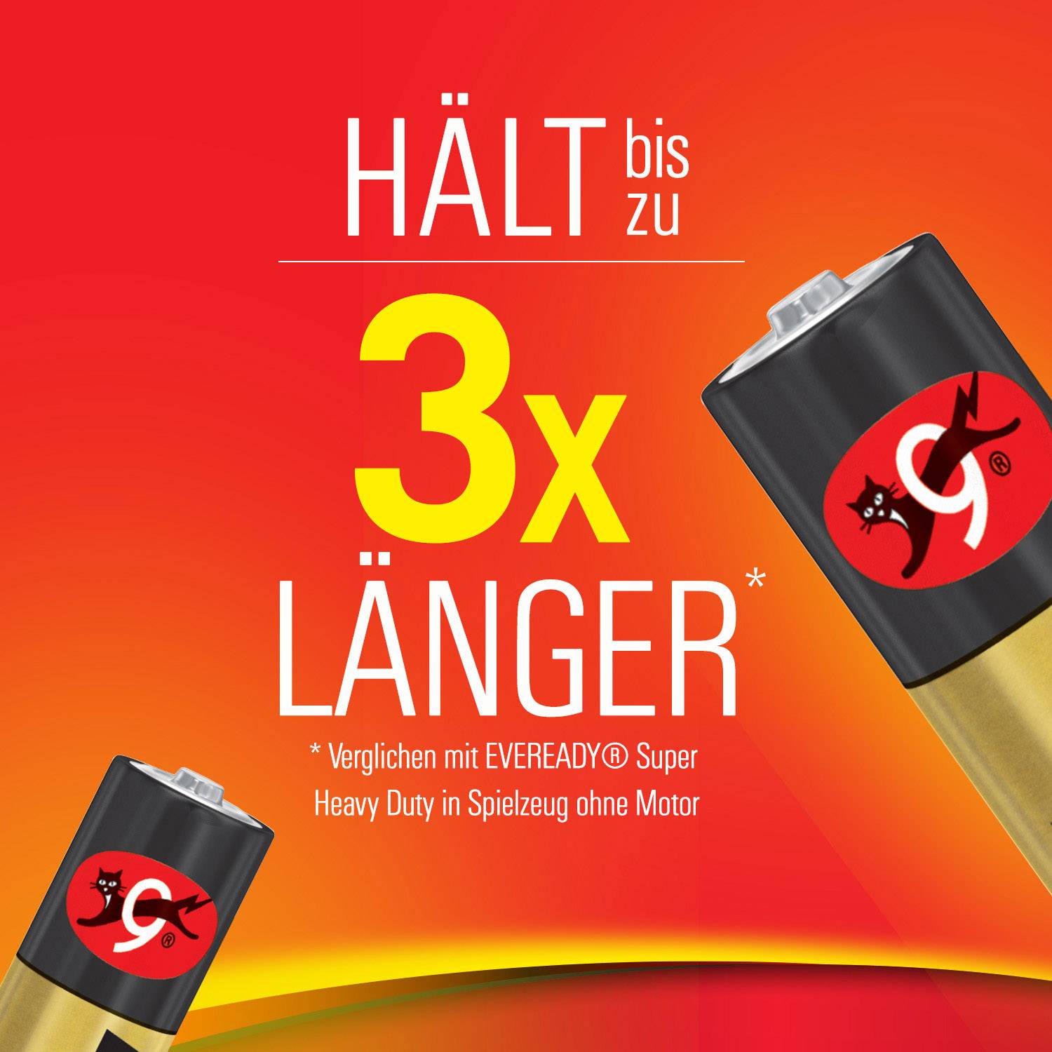 'Batterijen gaan tot wel 3x langer mee* dan conventionele batterijen in speelgoed. Vergeleken met EVEREADY® Super Heavy Duty.'