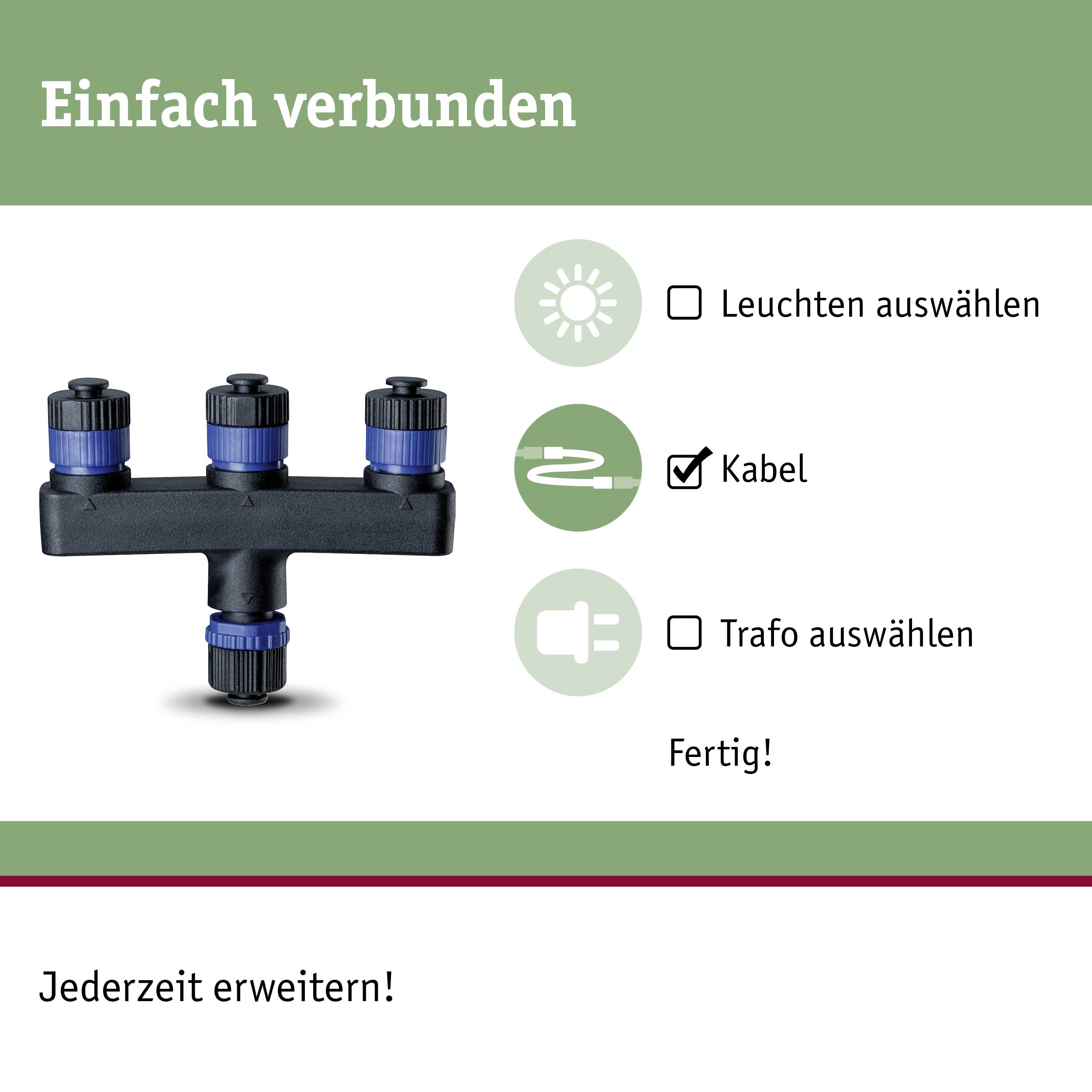 'Gewoon verbonden' staat bovenaan. Afbeelding toont een zwart kabelstuk met blauwe verbindingselementen. Drie opties: 'Verlichting selecteren', 'Kabel', 'Transformator selecteren'. Tekst onderaan: 'Op elk moment uit te breiden!'.