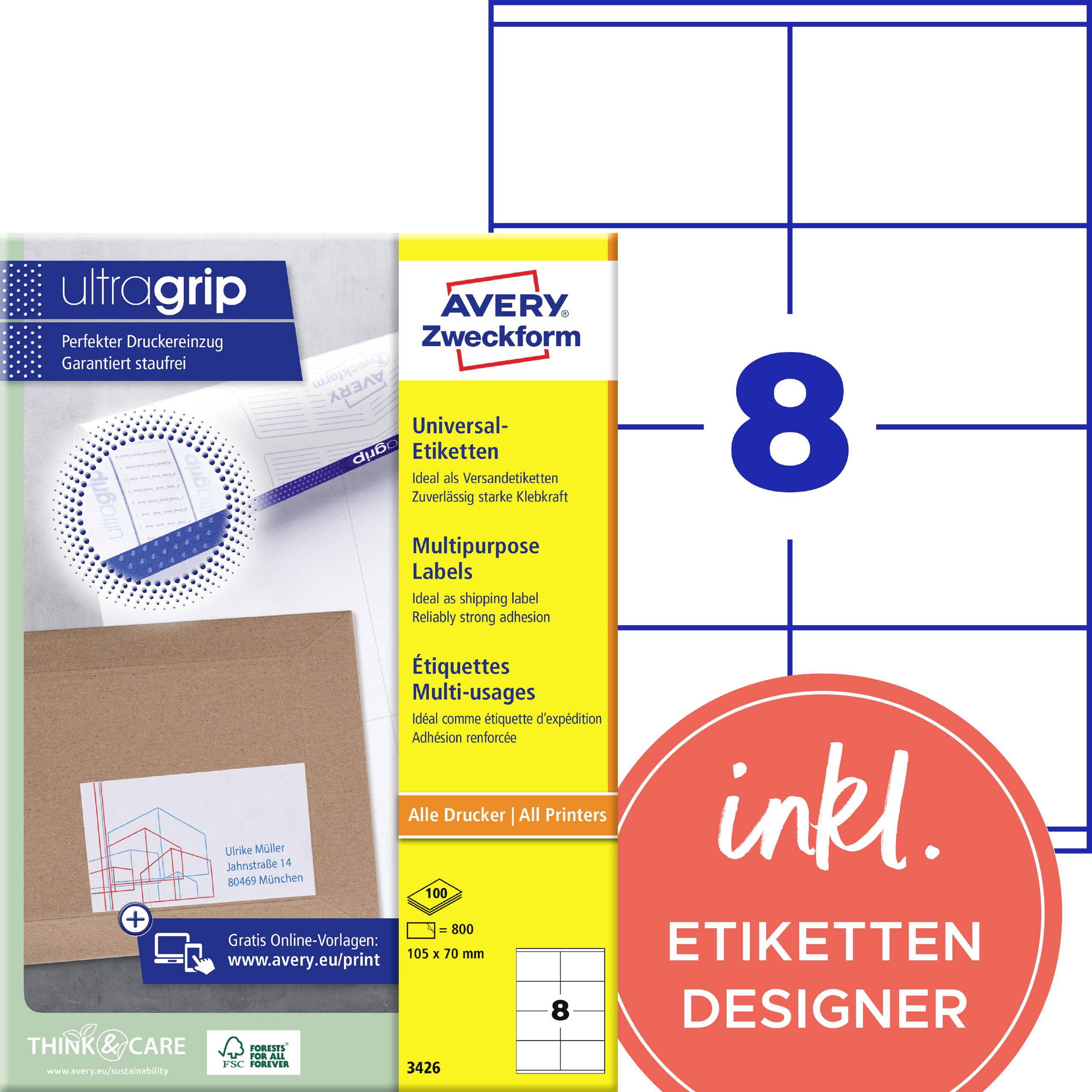 'Avery Zweckform Universele Etiketten' op verpakking met afbeelding van 8 stickers en beschrijving. Geschikt voor verzendlabels voor alle printers.