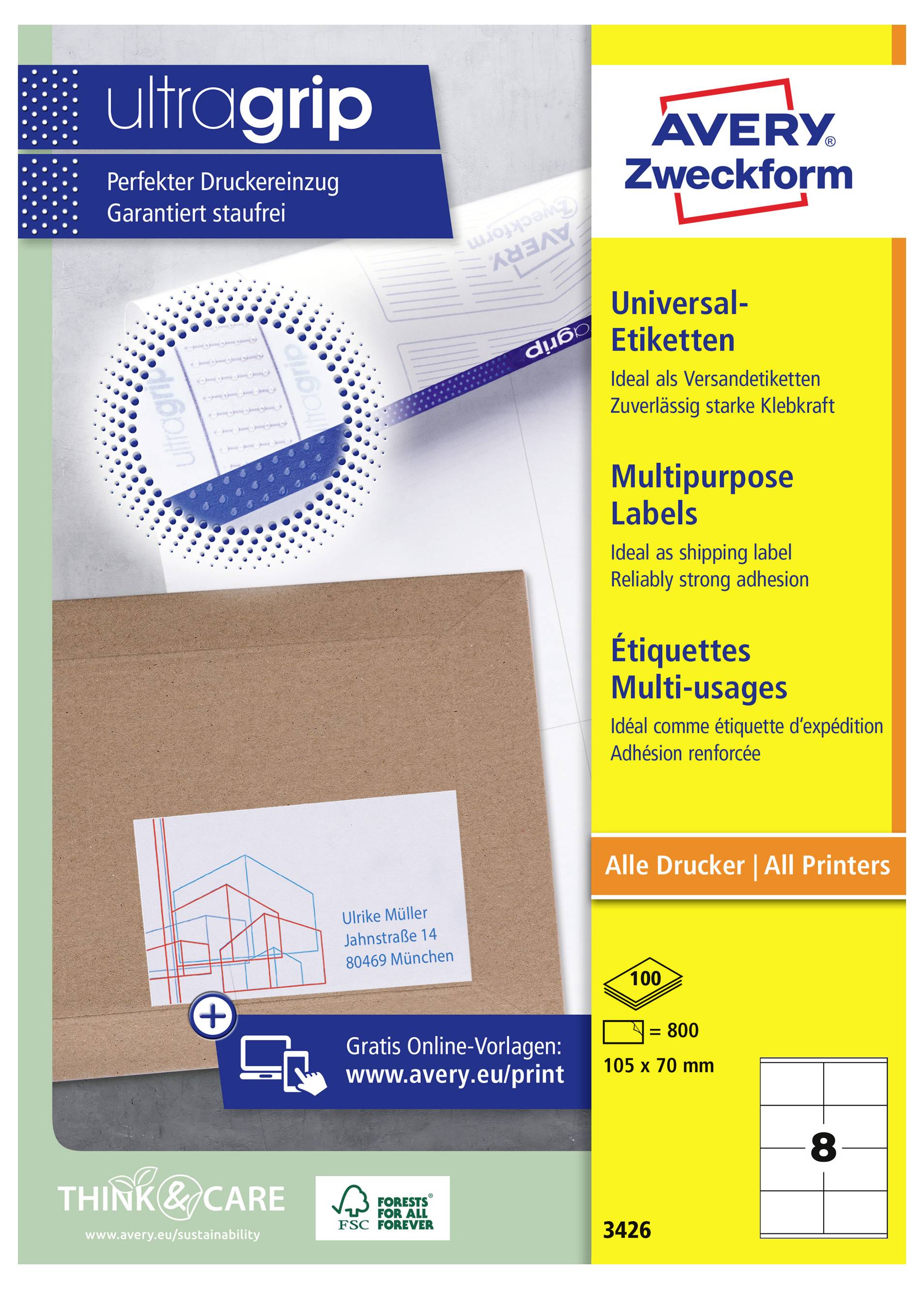 Productpakket voor Avery Zweckform 'ultragrip' universele etiketten, met nadruk op sterke papierinvoer, vlekvrij afdrukken en multifunctionele zelfklevende etiketten voor alle printers.