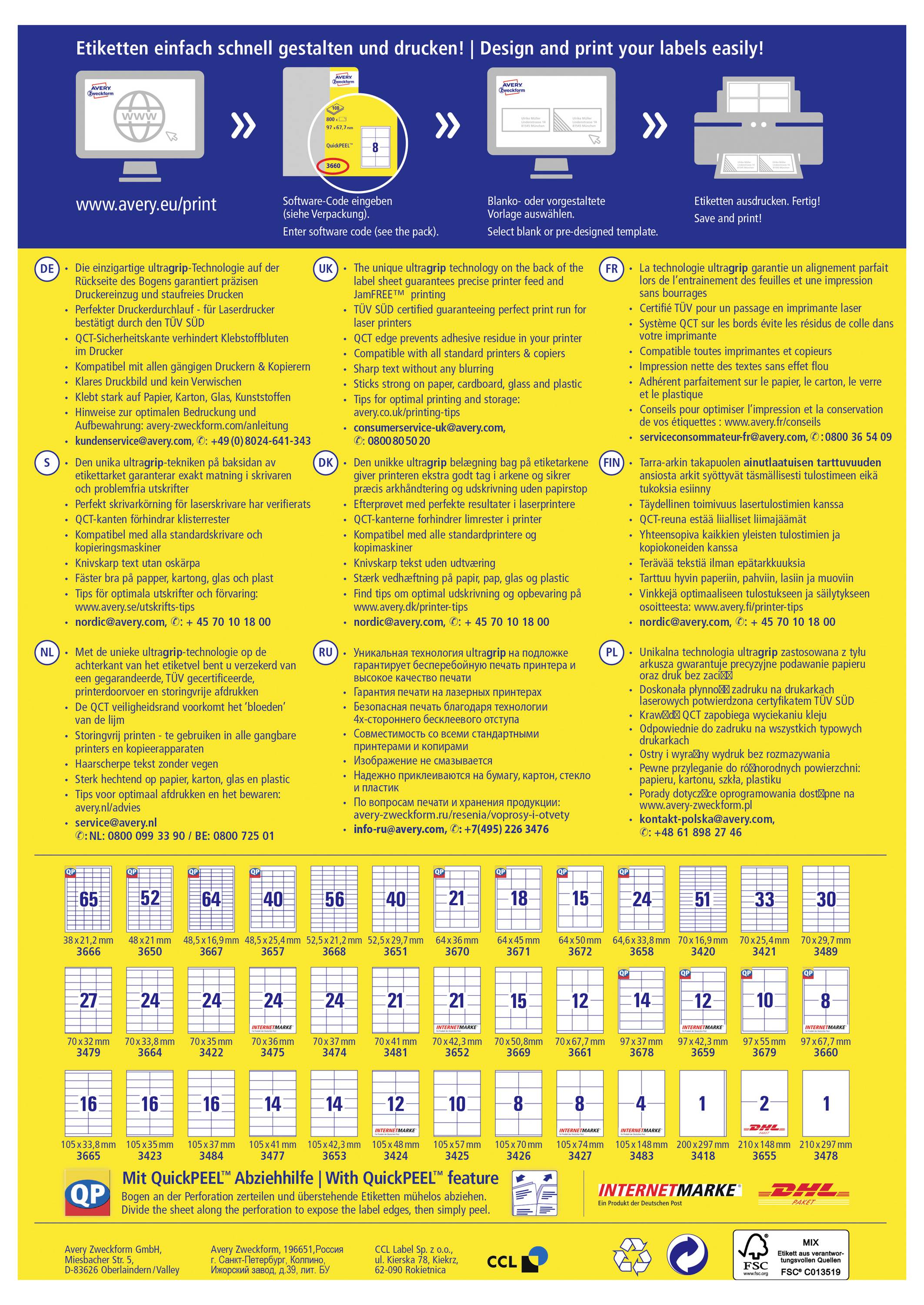 Geel en blauw Duits informatieblad voor labeling, met een 4-staps workflow, meertalige instructies en een onderaan raster van QR-codelabels met nummers en logo's.