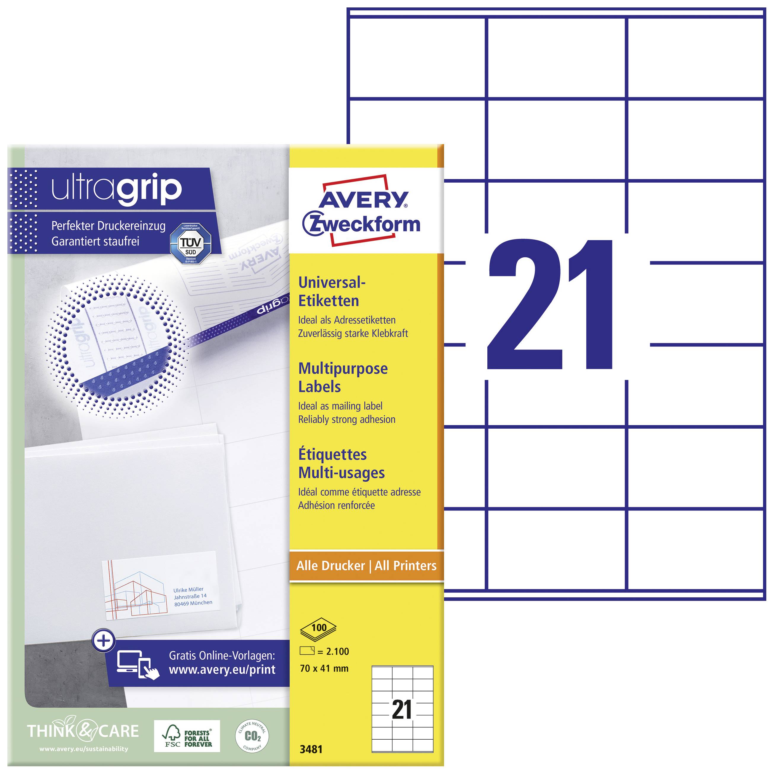 'Avery Zweckform UltraGrip Universele Etiketten, ideaal voor alle printertypen. 21 Etiketten per vel. Gratis online sjablonen.'