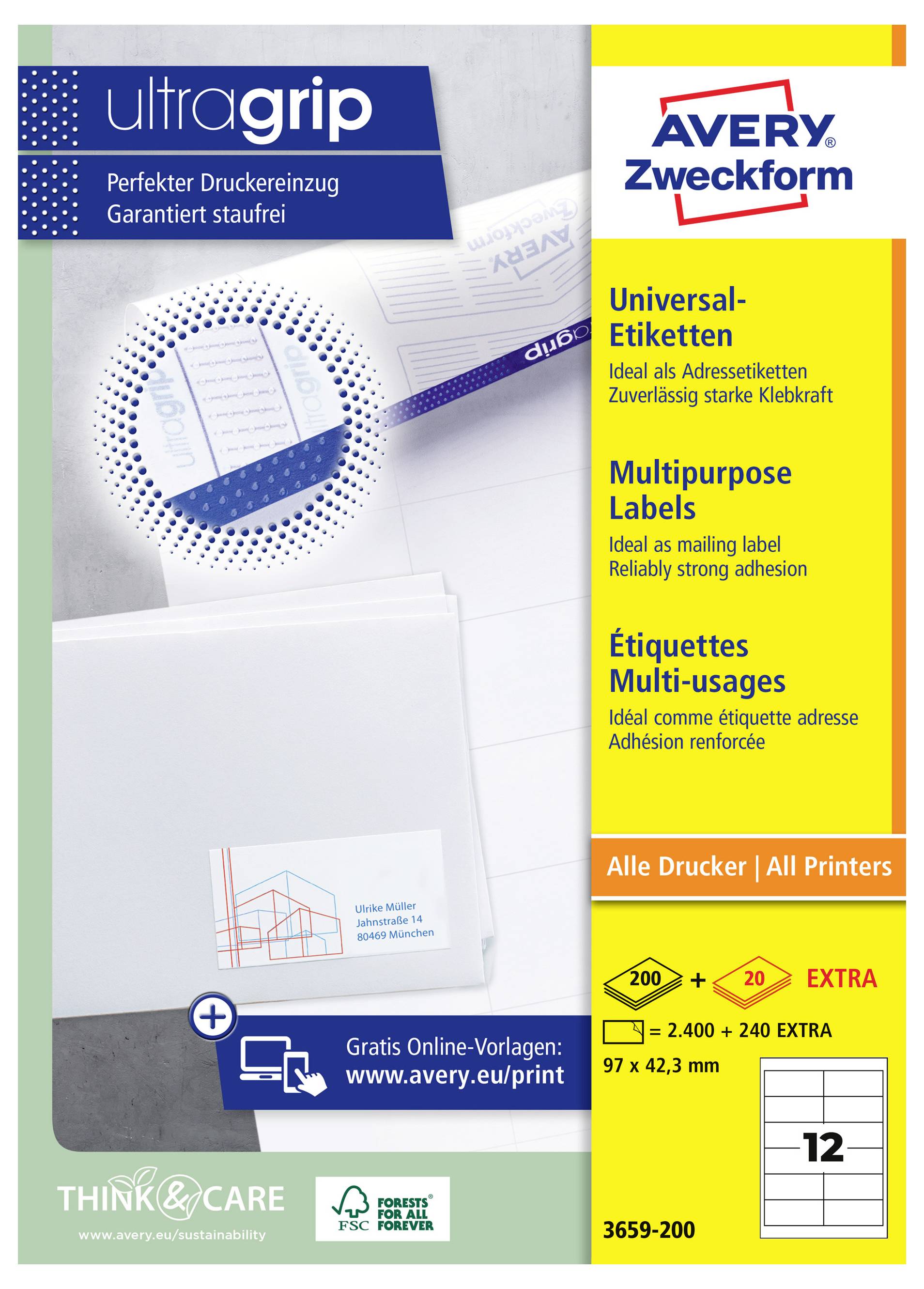 Avery Zweckform 'ultragrip' universeel etiketpakket, met multifunctionele etiketten voor alle printers met sterke kleving en 2.400 etiketten in totaal, 97 x 42,3 mm.