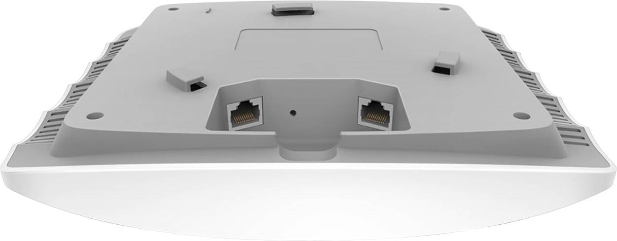 Achterkant van een grijze router of access point met twee Ethernet-aansluitingen en ventilatiesleuven aan beide zijden.