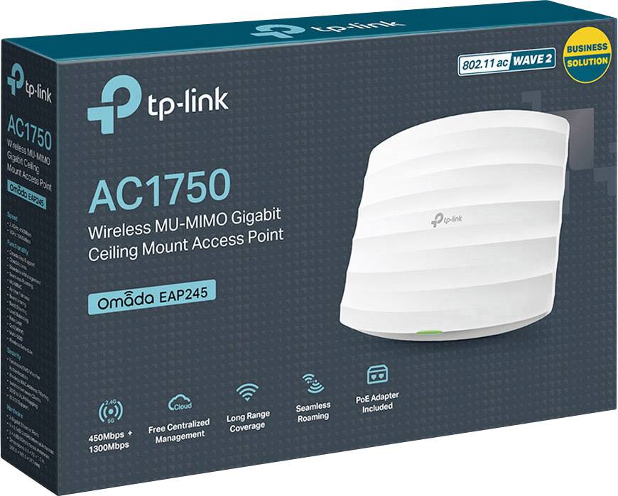 De verpakking toont de TP-Link AC1750 Wireless MU-MIMO Gigabit Plafond-Montage Access Point, Model EAP245, met de belangrijkste kenmerken.