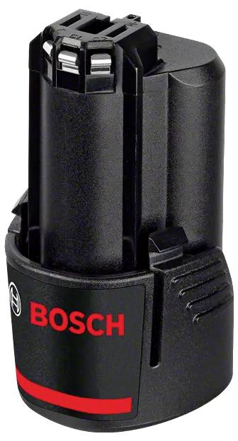 Een zwarte cilindrische Bosch-batterij voor gereedschappen met een rood logo aan de voorkant en aansluitklemmen bovenop.