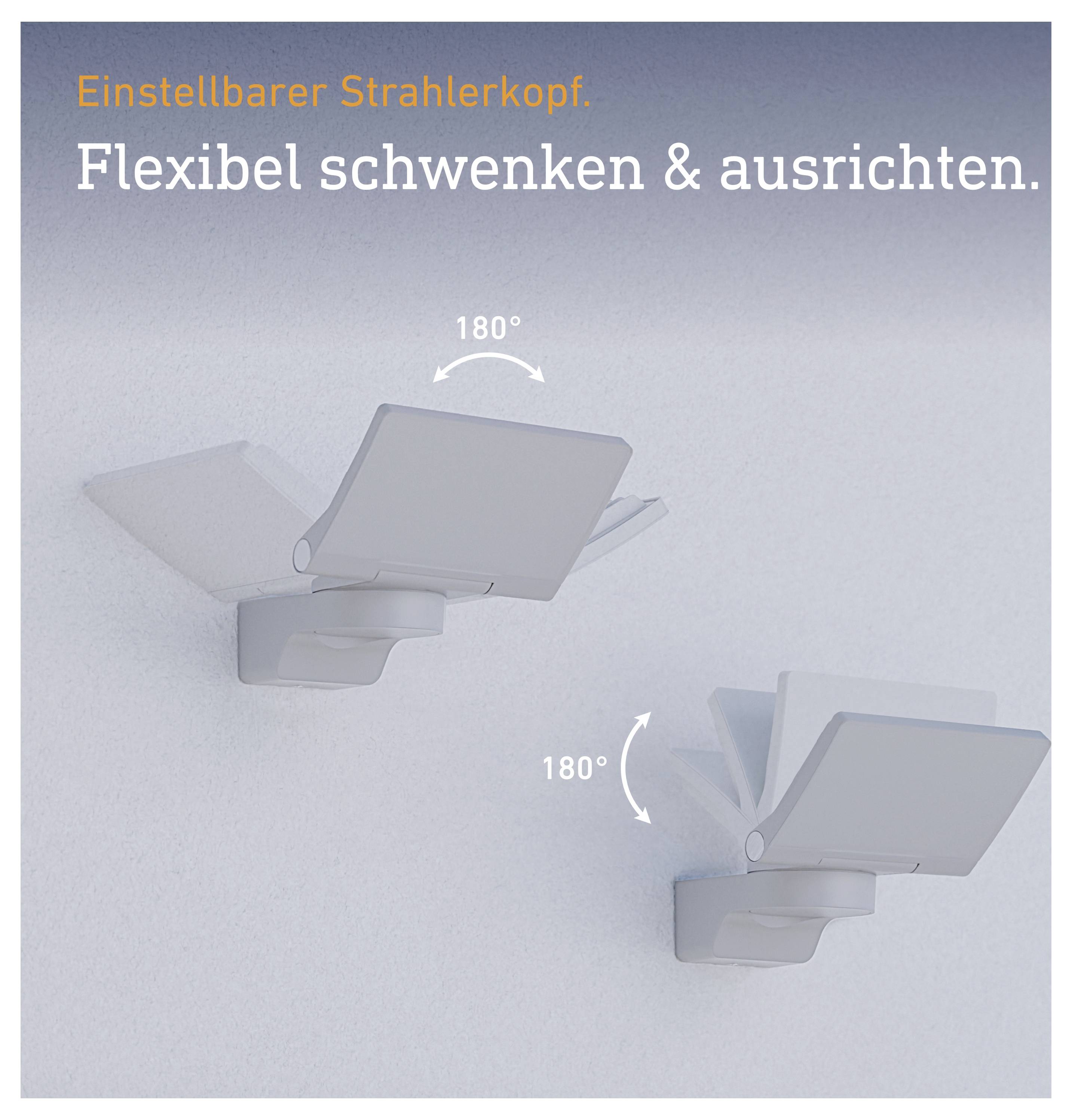 Advertentieafbeelding van een verstelbare straalerkop: 'Flexibel zwenken & uitlijnen.' toont twee 180°-posities van de lichtspot.