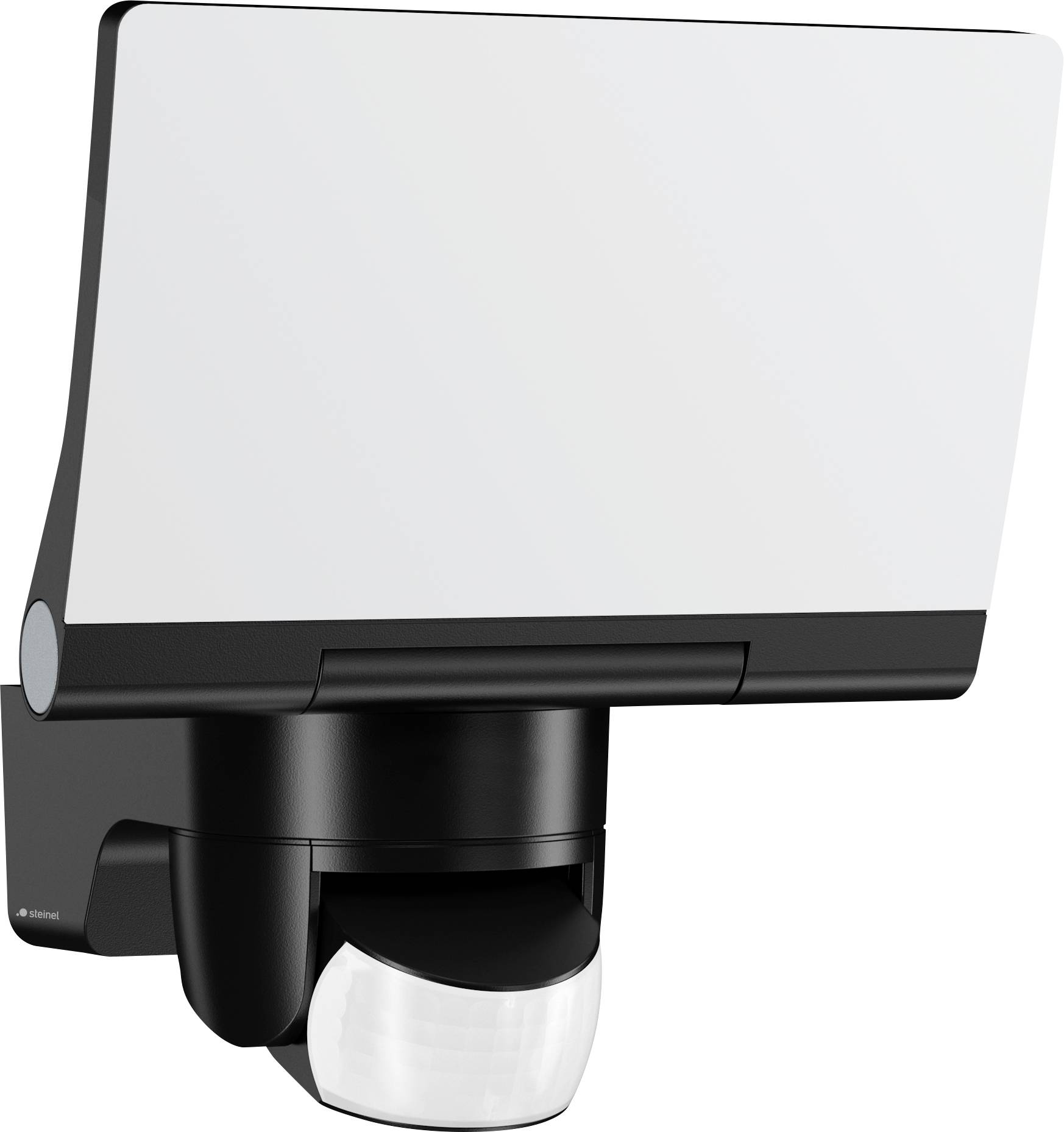 Buitenbewegingsmelder beveiligingslamp met een groot rechthoekig lamppaneel en een gebogen witte PIR-sensor eronder.