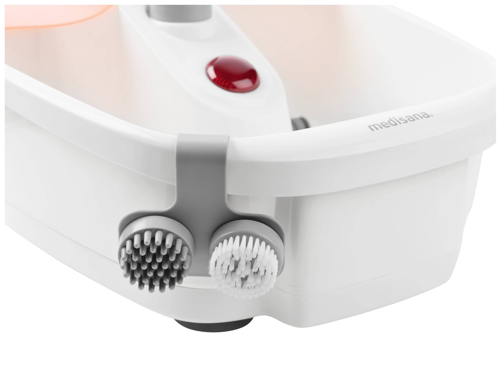 Voetbubbelbad met massagerollen en borstopzetstukken, wit kunststof design, rode bedieningsknop, merk 'Medisana'. Ideaal voor voetverzorging.