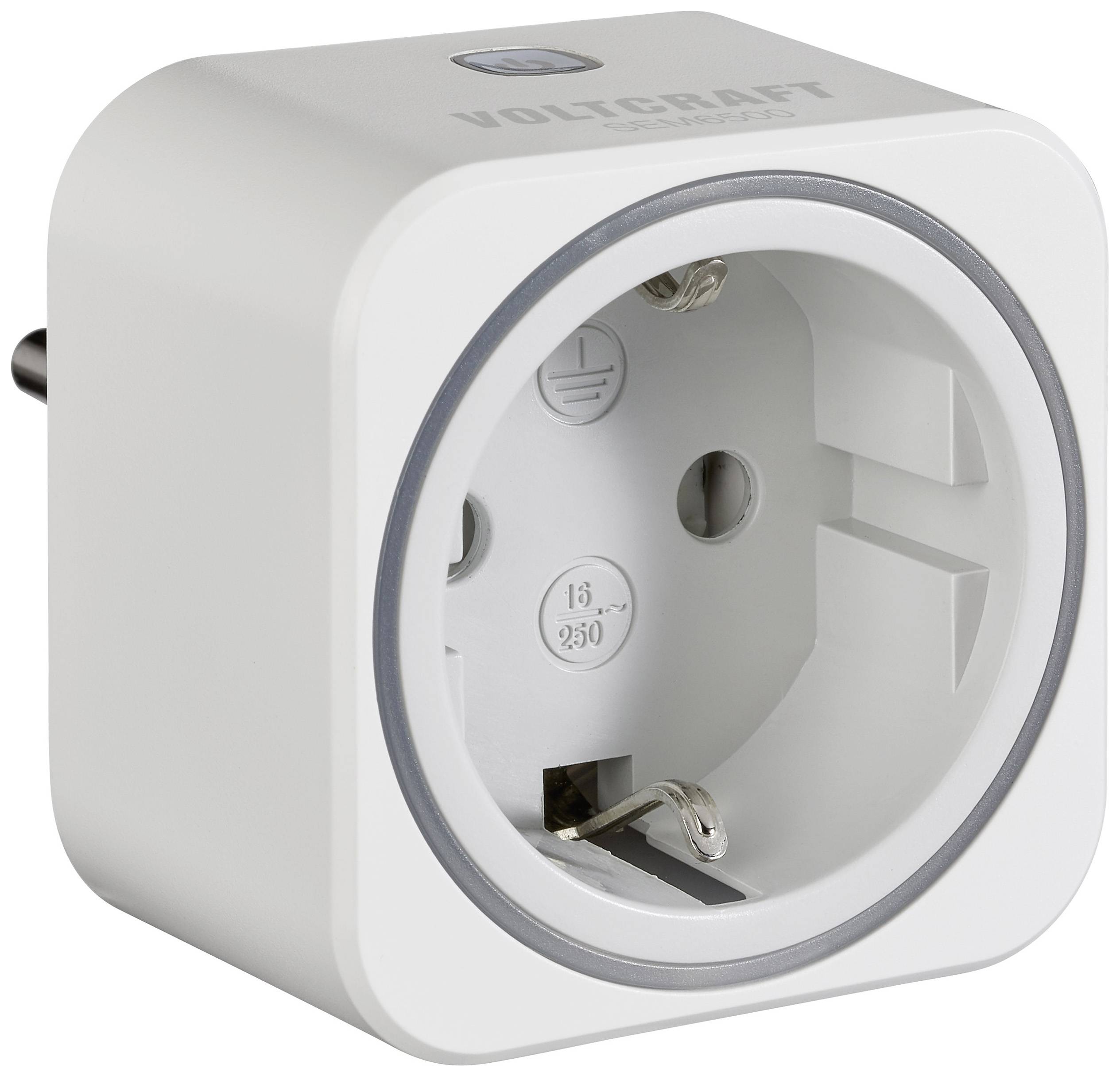 Witte stopcontact met de tekst 'Voltcraft'.