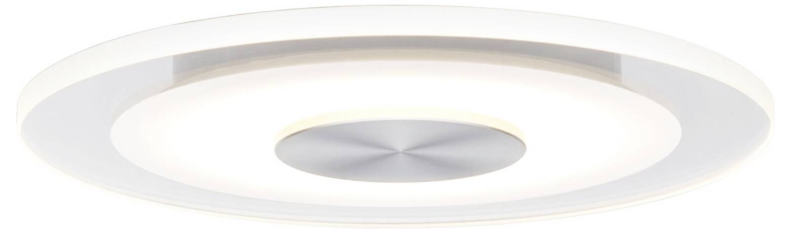 Ronde plafondlamp met modern, minimalistisch design. Wit oppervlak met zilveren middendeel, verspreidt diffuus licht.