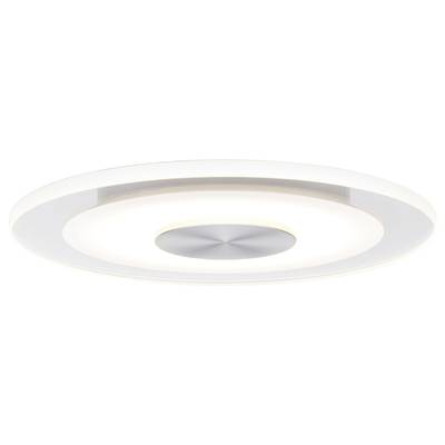 Ronde plafondlamp met modern, minimalistisch design. Wit oppervlak met zilveren middendeel, verspreidt diffuus licht.