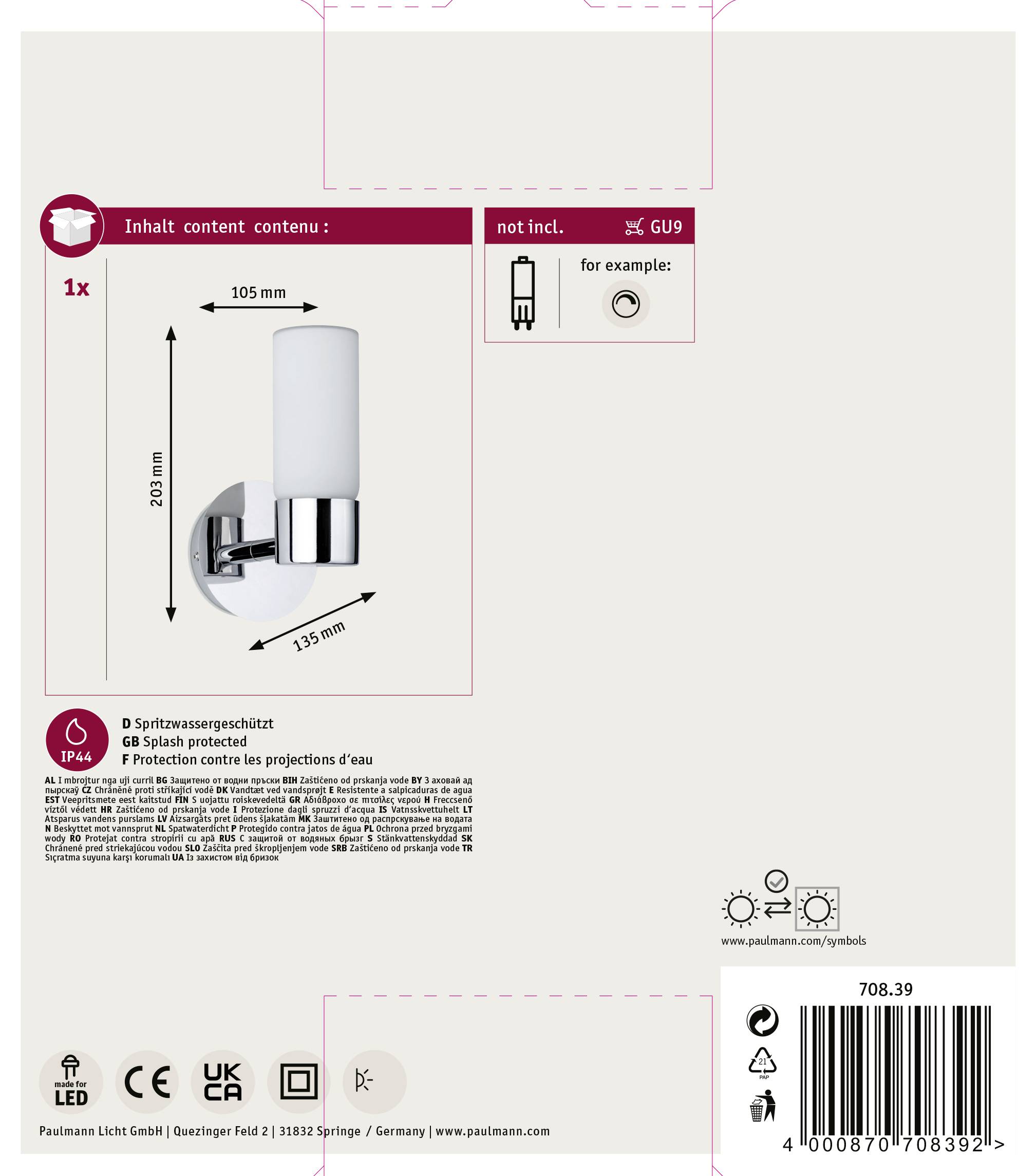 'Paulmann' Wandlamp, spatwaterdicht, compatibel met GU9-lampen, afmetingen: 290mm hoog, 105mm breed.