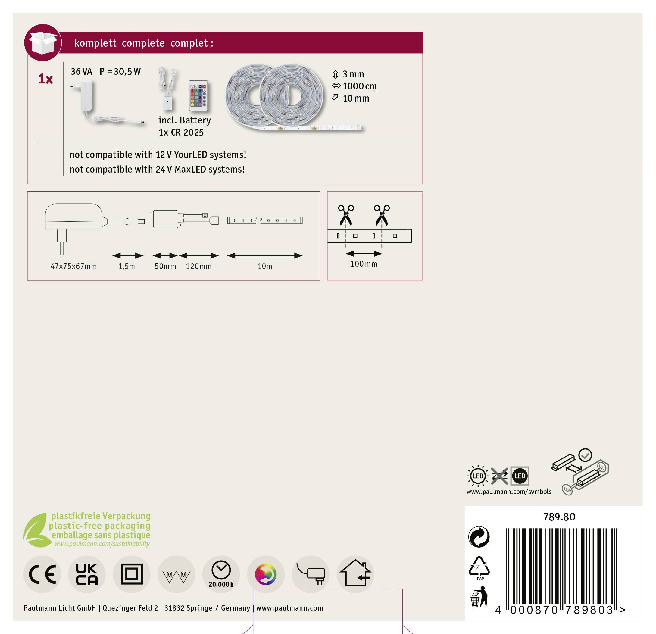 Packaging design for a 36W LED light strip. Compatibility and mounting instructions with technical drawings. Battery not included.