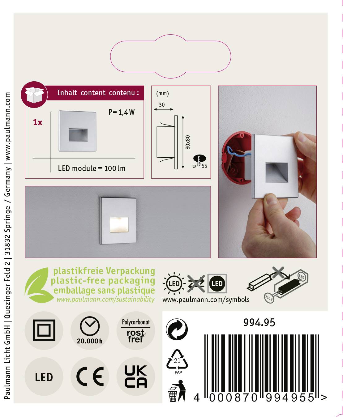 'LED-module, 1x, vermogen = 1,4W, afmeting = 100mm. Installatie: Wandmontage. Verpakking zonder plastic.'
