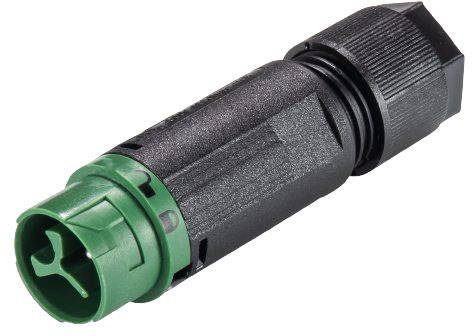 'Een adapterstekker met een zwart behuizing en groene aansluiting, geschikt voor industriële toepassingen of kabelverbindingen.'