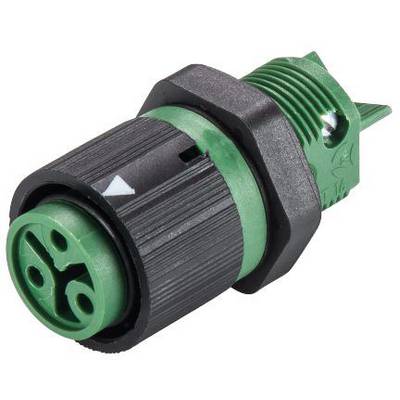 Een groene, ronde stekker met een zwarte behuizing, drie gaten aan de voorkant en een gegroefde structuur, bestemd voor elektrische verbindingen.