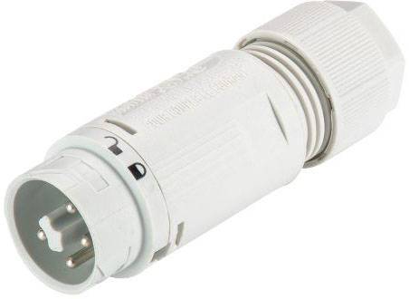 Een witte elektrische stekker met een geribde oppervlakte, geschikt voor industriële toepassingen, weergegeven in zijaanzicht.