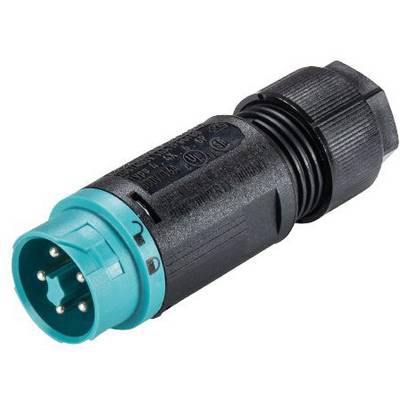Zwarte en blauwe multipolaire stekker, gebruikt voor veilige elektrische aansluiting in industriële toepassingen.