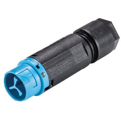 Een zwarte en blauwe, cilindrische stekker, mogelijk voor elektrische of elektronische toepassingen.