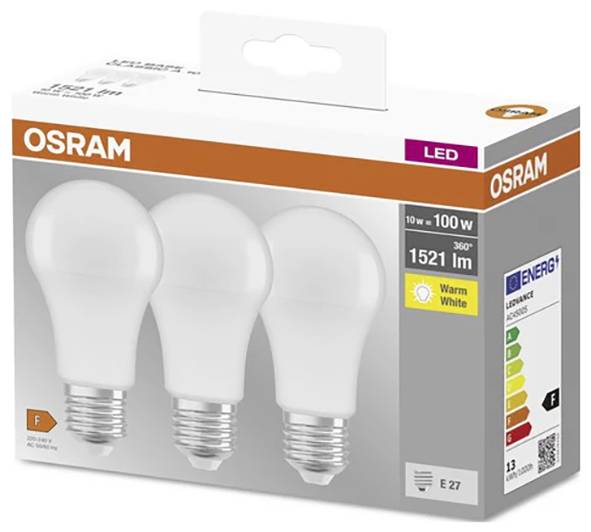 Driepack LED-lampen van OSRAM, elk 10 W (equivalent aan 100 W), warmwit, energieklasse F, 1521 lumen, E27-fitting.