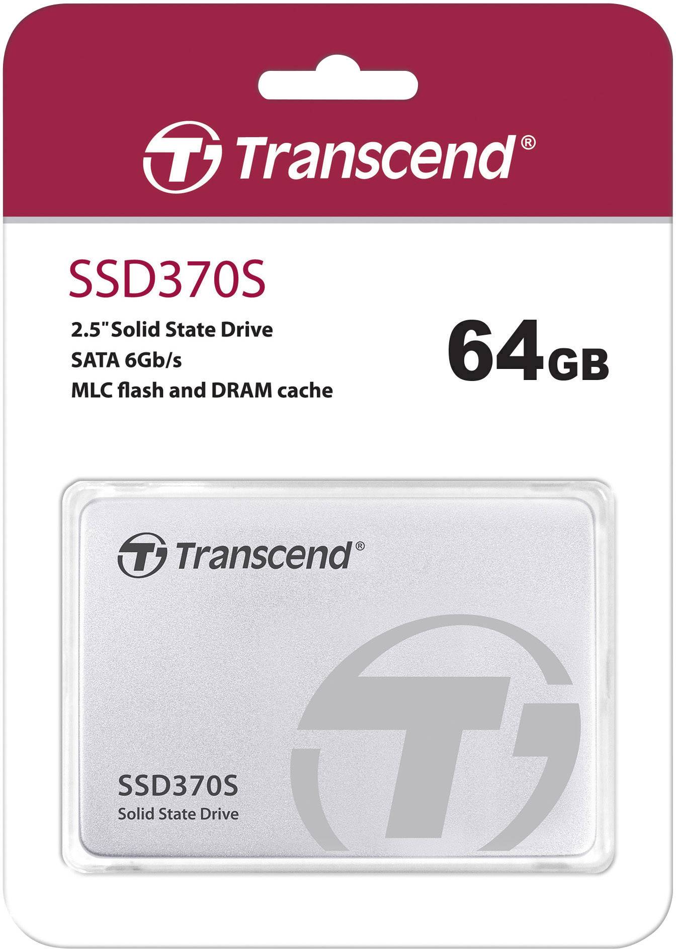 Verpakking van de Transcend SSD370S, 2,5-inch Solid State Drive met 64 GB, SATA 6 Gb/s, MLC-flash en DRAM-cache.