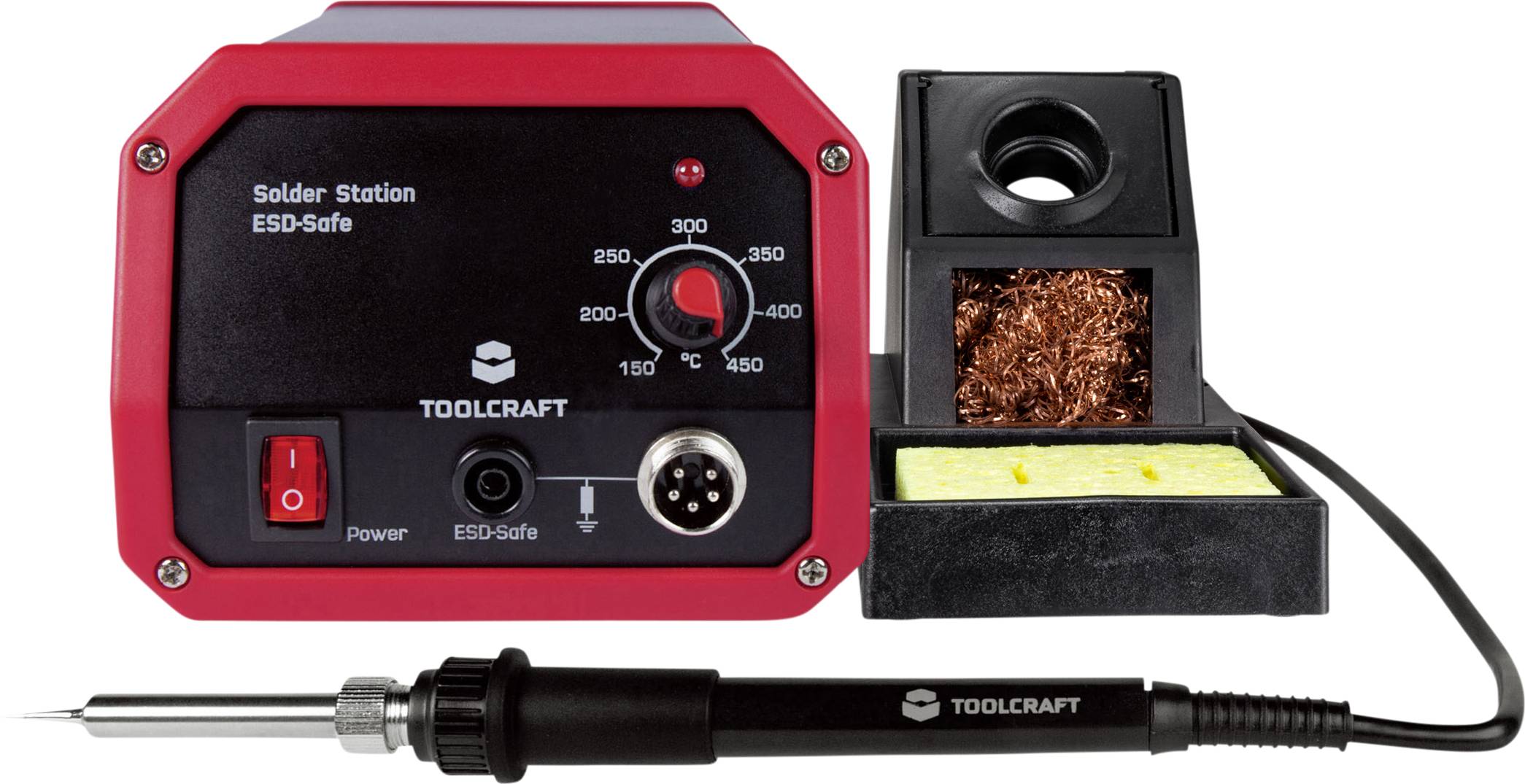 Soldeerapparaat met temperatuurregelaar en soldeerbout, potentiometer toont 150 graden. ESD-veilig, met houder en reinigingsspons.