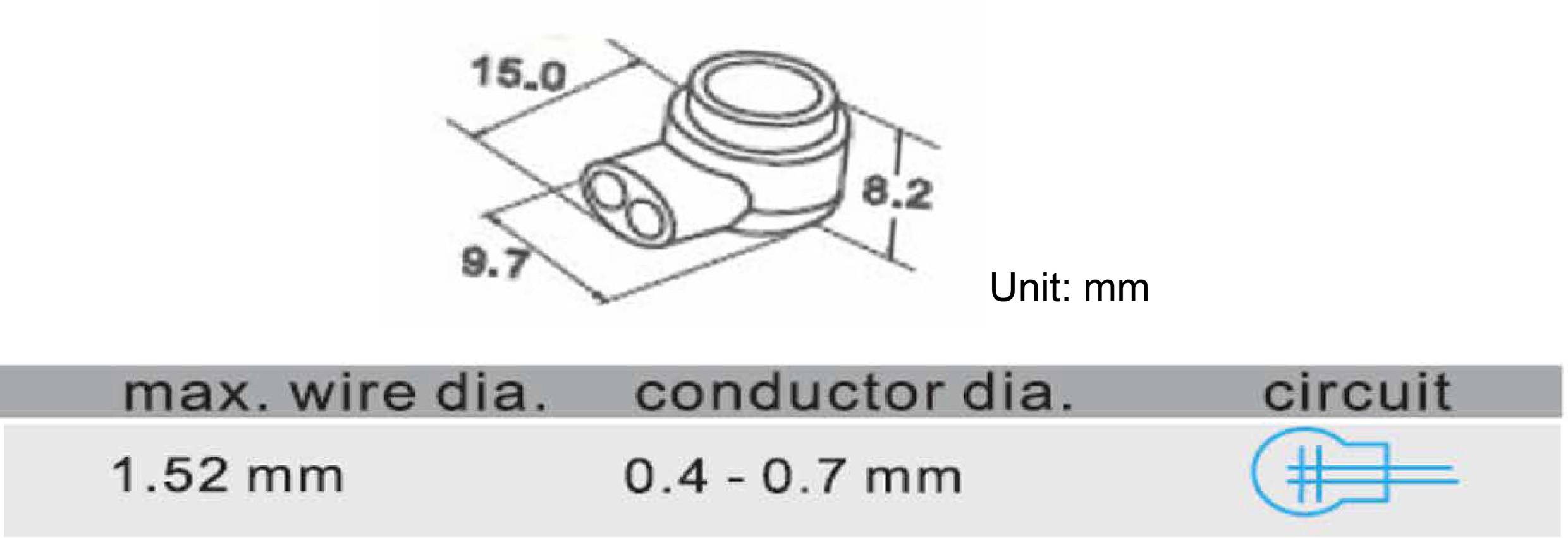 Afbeelding van een elektrische verbindingsmof met afmetingen in millimeters: 15,0 lengte, 9,7 breedte, 8,2 hoogte. Kabeldiameter: 1,52 mm.