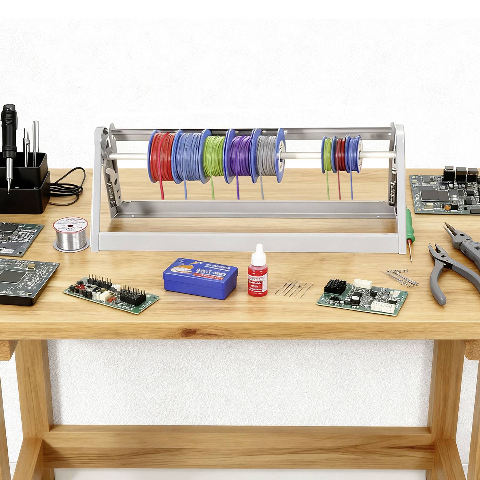 Een werkbank met elektronica-gereedschappen, draadspools, printplaten, een soldeerbout, soldeerdraad, tang en een container soldeerpasta.