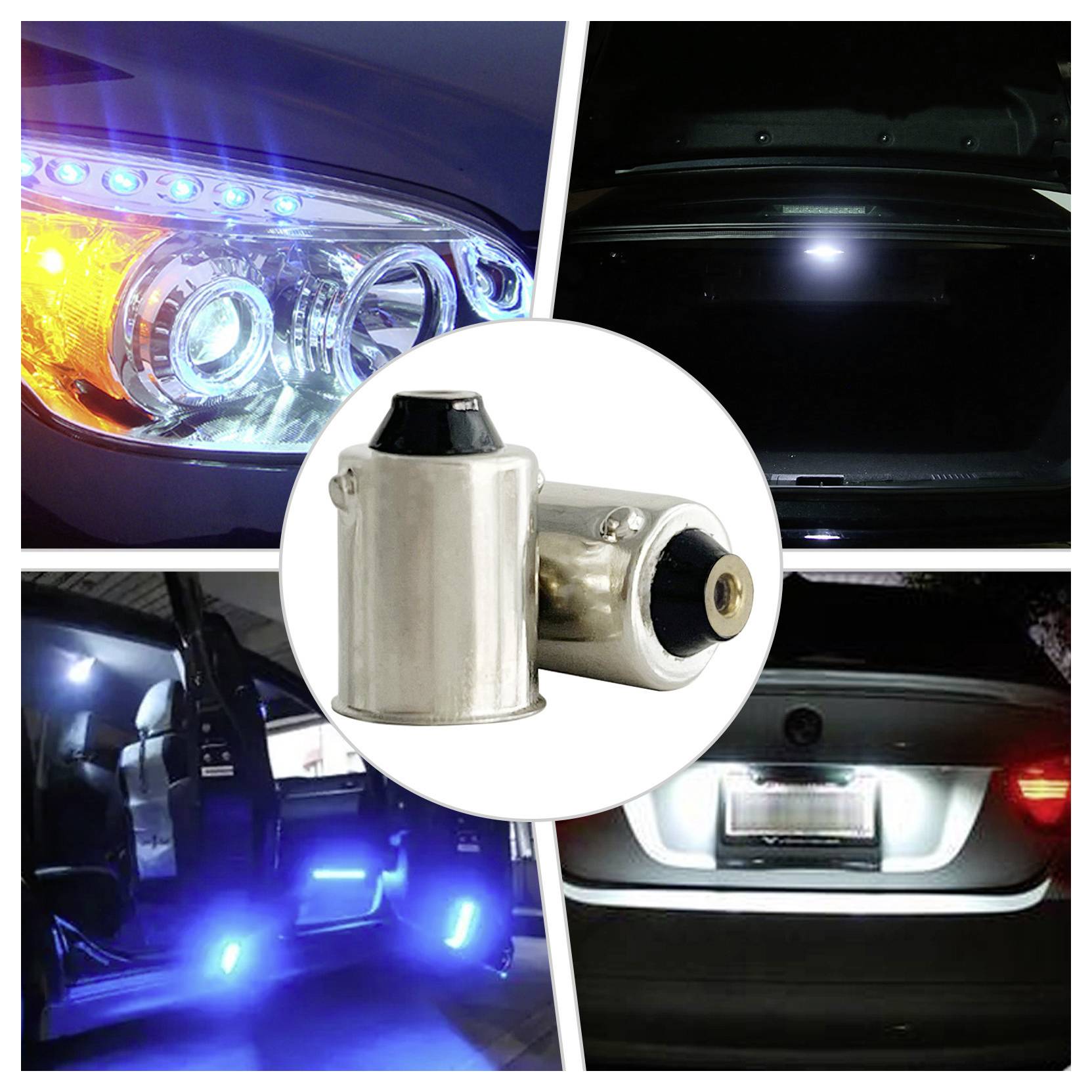 'Collage met auto-LED-lampen in koplampen, interieur en nummerplaatverlichting, met close-up van een LED-gloeilamp in het midden.'