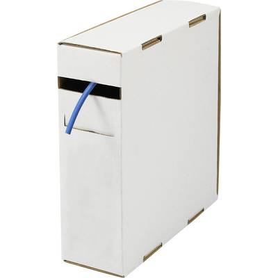 Witte kartonnnen doos met een blauwe kabel die door een zijsleuf uitsteekt, wat suggereert dat dit een verpakte of opgeslagen stroomkabel is.