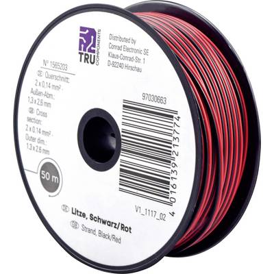 Spoel met 50 meter zwart-rood snoer 0,14 mm²; voor elektronicaprojecten. Fabrikant Conrad Electronic SE.