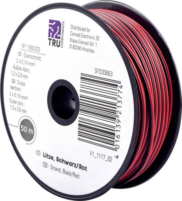 TRU COMPONENTS 1565203 Draad  2 x 0.14 mm² Zwart, Rood 50 m