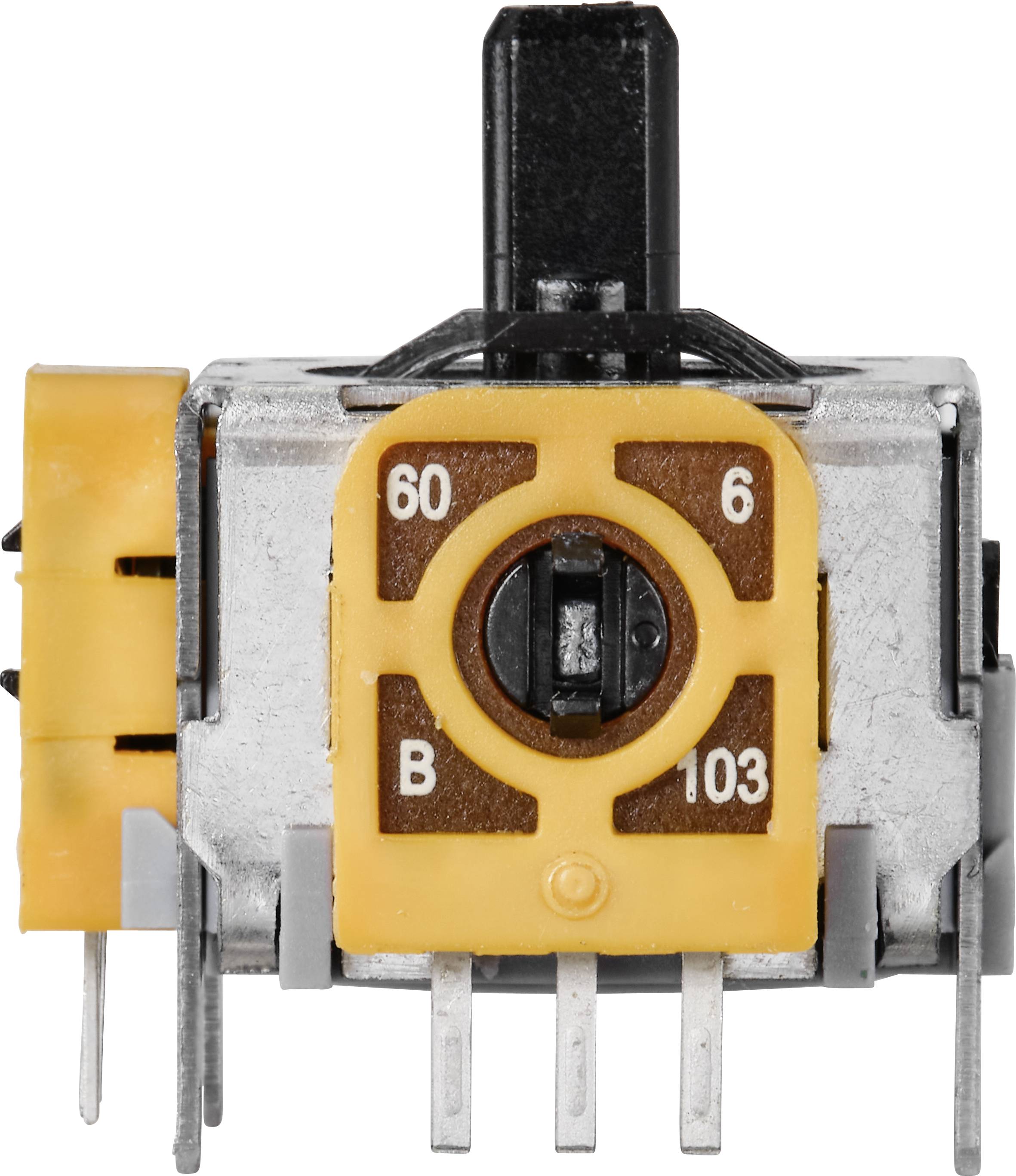 'Elektronische component met zwarte schakelaar en gele markering met getallen: 60, 6, B, 103.'