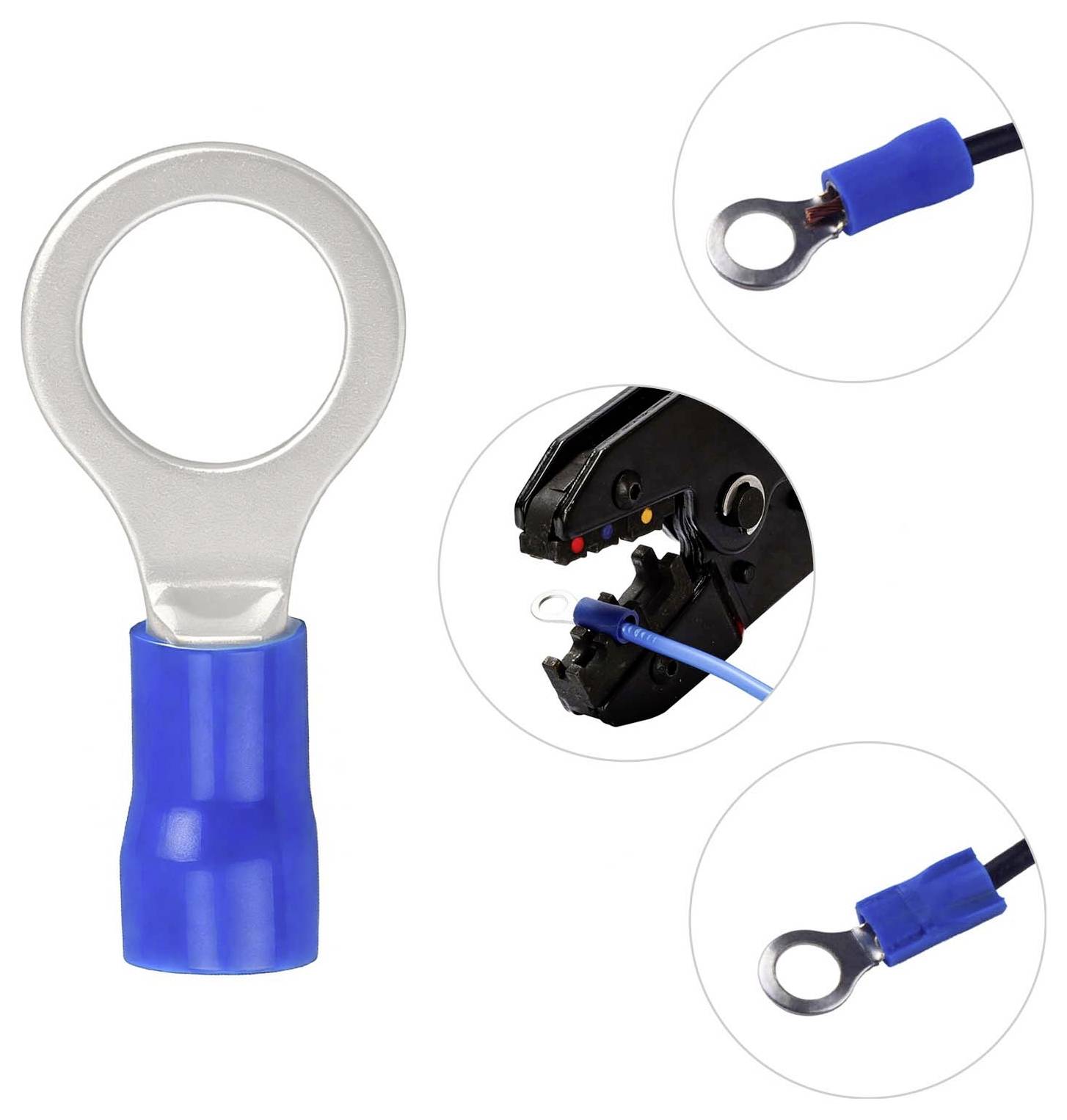 Blauwe geïsoleerde ringterminalconnector weergegeven met geklemde draadeinden en een voorbeeld van een krimpgereedschap.