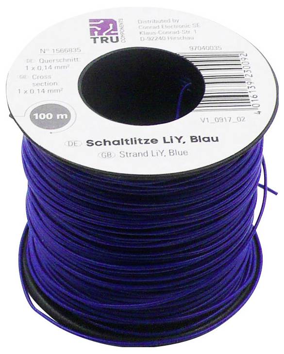 Een blauwe rol schakeldraad, 100 m lang, met fabrikants- en productspecificatie-aanduidingen op het etiket.