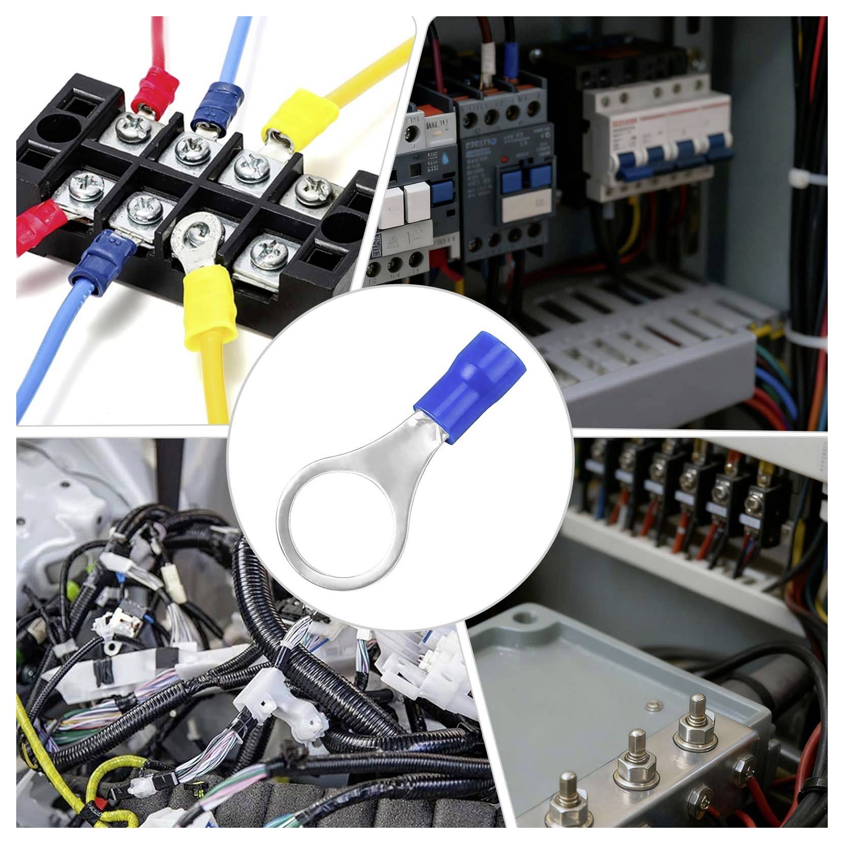 Collage van elektrische bedrading en aansluitpunten met ringconnector, met weergave van kabelverbindingen in bedieningspanelen en voertuigkabelharnesses.