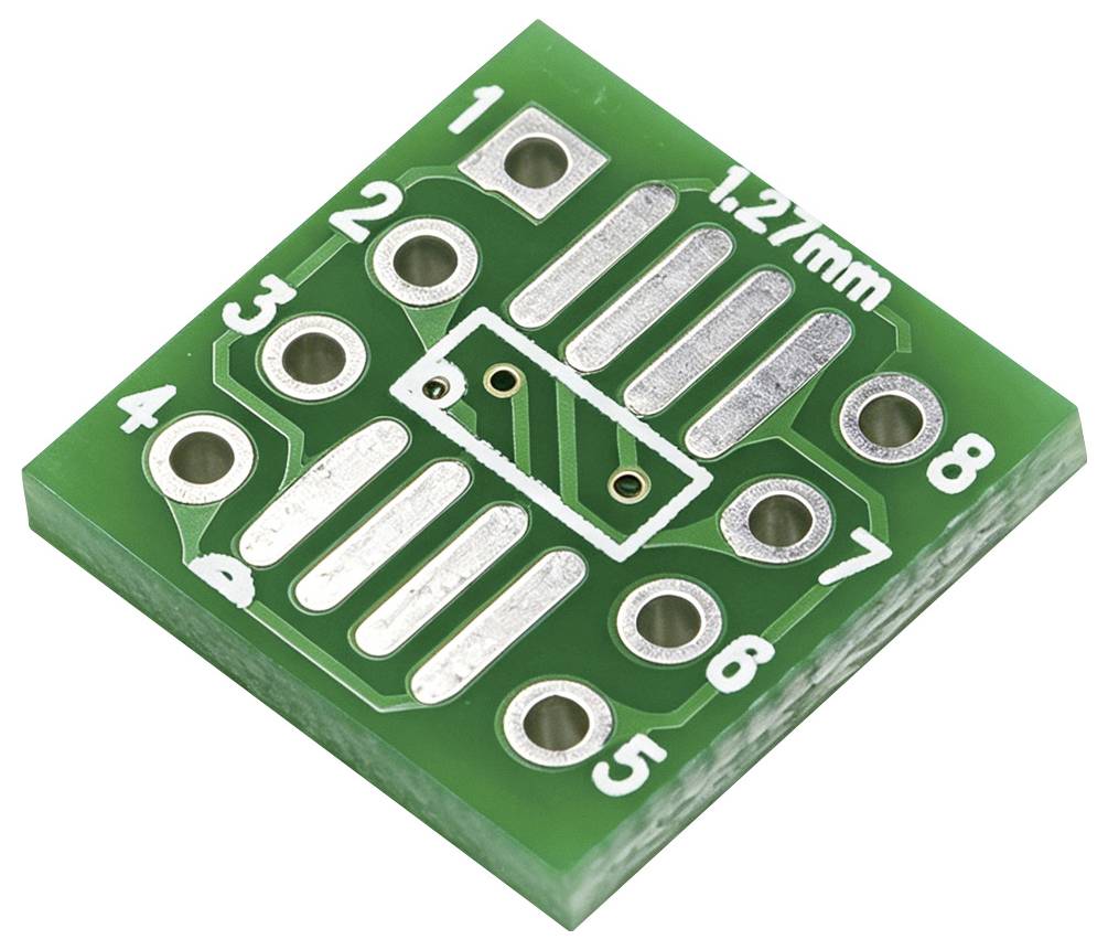 Groen PCB-breakout-bord met genummerde soldeercontacten 1–8 en centrale bevestigingsgaten van 12,7 mm, weergegeven onder een hoek op witte achtergrond.