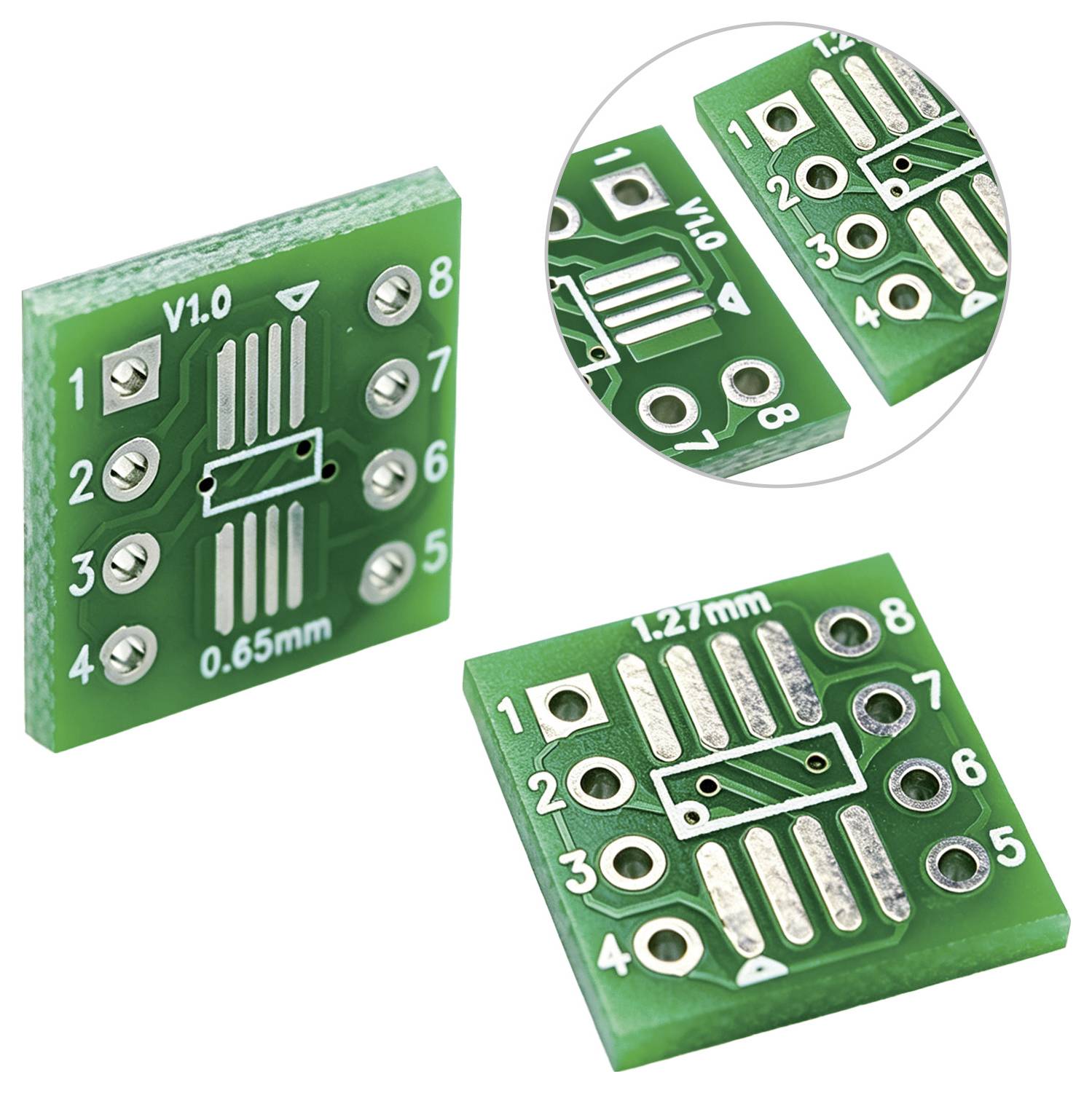 Drie aanzichten van een groen PCB-adapterbord met genummerde soldeerpadden en een centrale chipvoetafdruk, gelabeld V1.0, 0,65 mm en 1,27 mm.