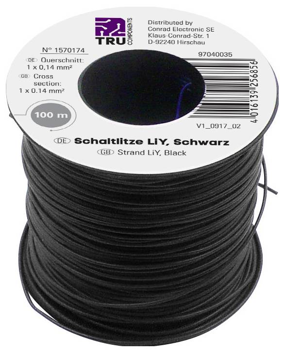 Zwarte schakeldraad op spoel, 100 m, doorsnede 1 x 0,14 mm², van Conrad Electronic SE.