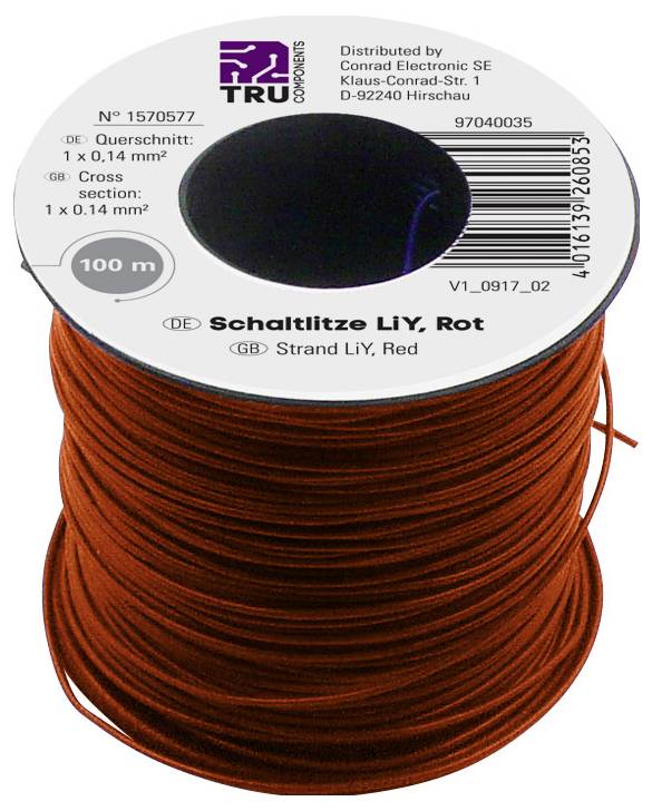Een rode kabel op spoel, 100 m lengte, 1 x 0,14 mm² doorsnede, merk Tru Components; artikelbeschrijving op het etiket.
