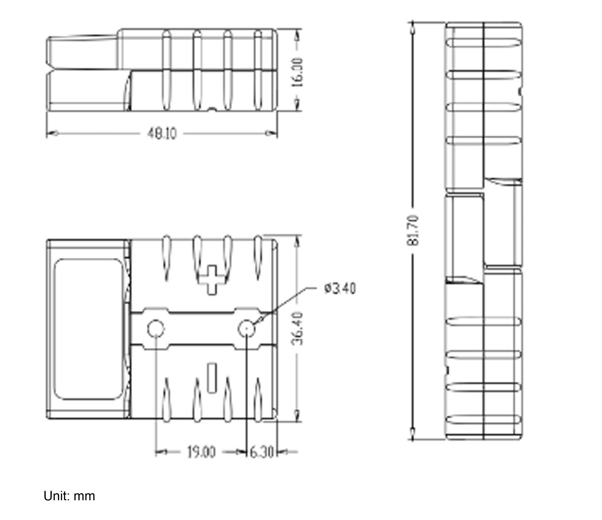 Technische tekening van een rechthoekig onderdeel met afmetingen: 48,10 mm breedte, 81,70 mm hoogte, 16 mm diepte. Maateenheid: mm.