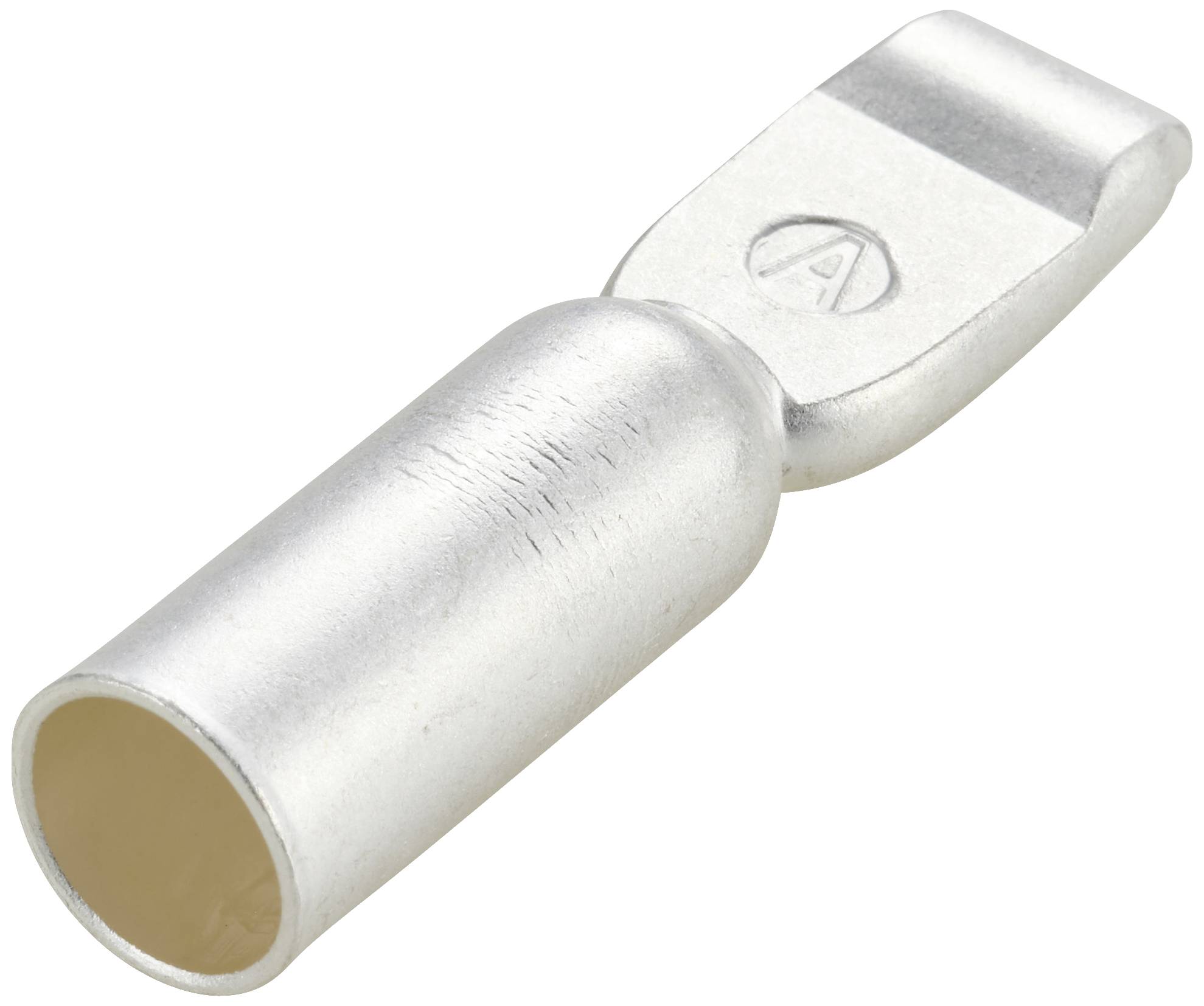 Metalen kabelschoen, cilindrisch, met een platte onderkant en een gestanste letter 'A' op het oppervlak.