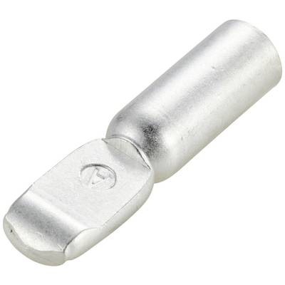 Een zilveren kabelschoen-eindstuk met een platte tong, geschikt voor elektrische verbindingen en schroefbare montage.