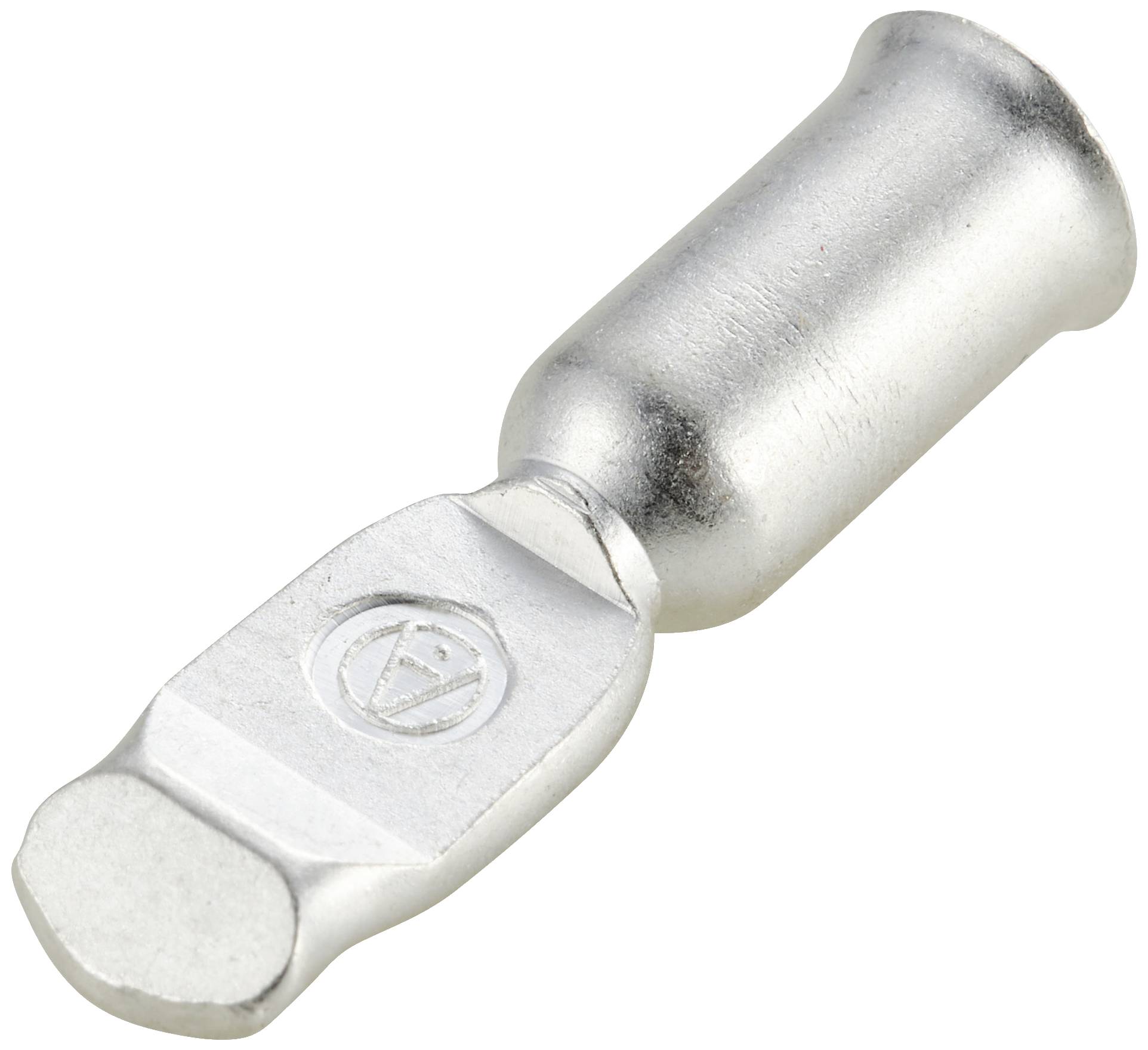 Metalen kabelschoen, cilindrisch met een plat aansluitbereik, van zilverkleurig metaal. Bewerkt en structureel robuust.