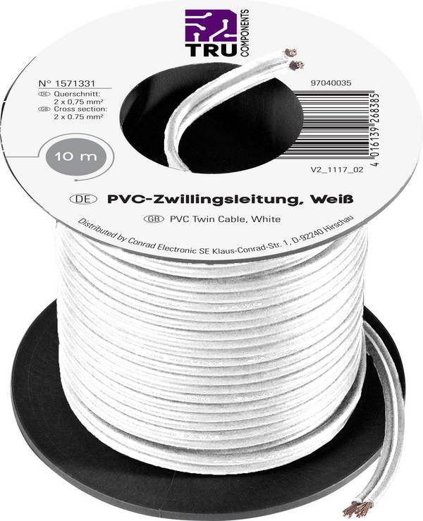 TRU COMPONENTS 1571331 Draad 2 x 0.75 mm² Wit 10 m