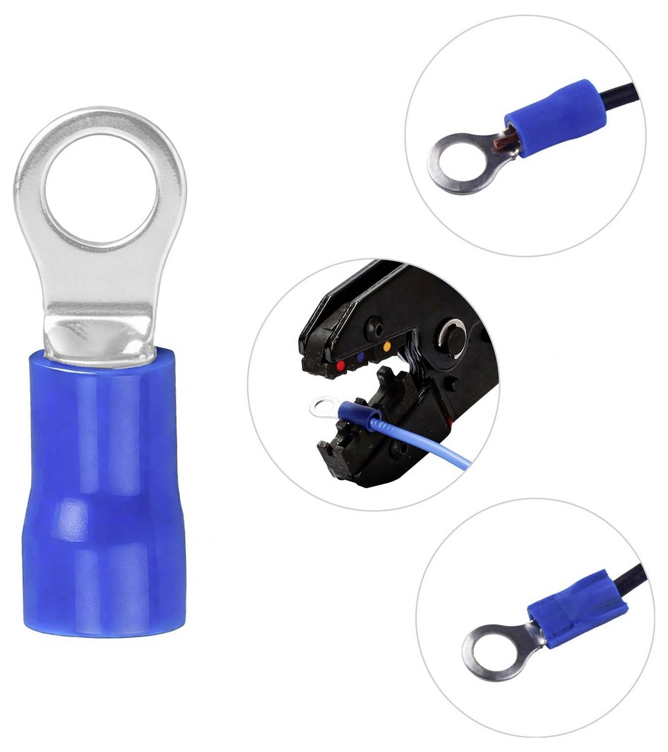 Blauw geïsoleerde ringlasklem met metalen oog, getoond geïnstalleerd op een draad en gekrumpt met een connectorklem in inzetweergaven.