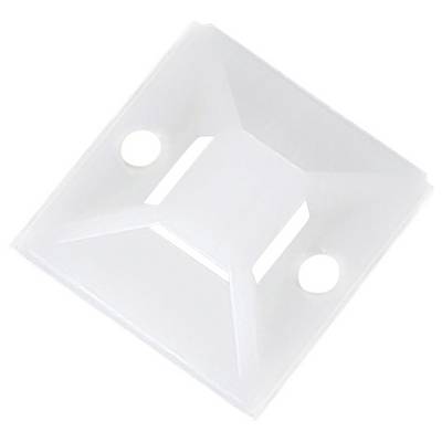 Een witte plastic kabelbindermontagesteun met twee schroefgaten, ontworpen voor het bevestigen van kabels aan een oppervlak.